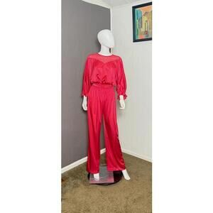1970's Red Silky Lounge Set size Large Silky Pajama's from Val Mode